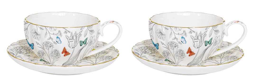 Porselen Çay Fincanı ve Tabağı 200 ml - Kelebek Desenli