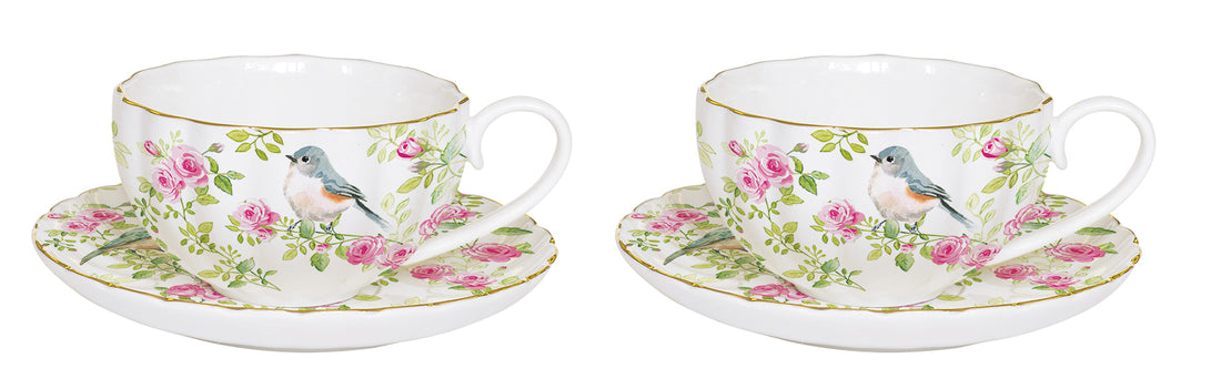 Porselen Çay Fincanı ve Tabağı 200 ml - Kuş Desenli