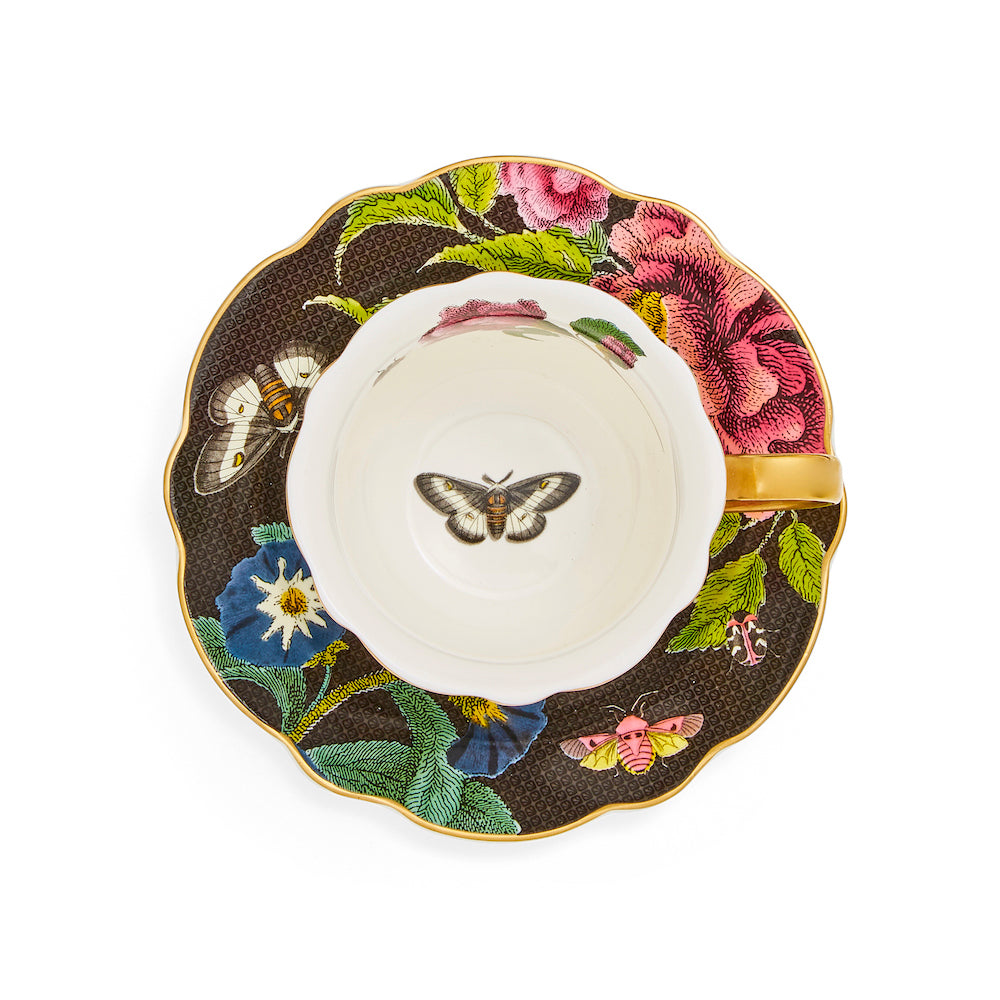 Creatures of Curiosity Çay Fincanı ve Tabağı 260 ml - Siyah Çiçekli