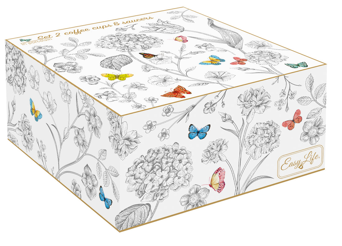 Porselen Çay Fincanı ve Tabağı 200 ml - Kelebek Desenli